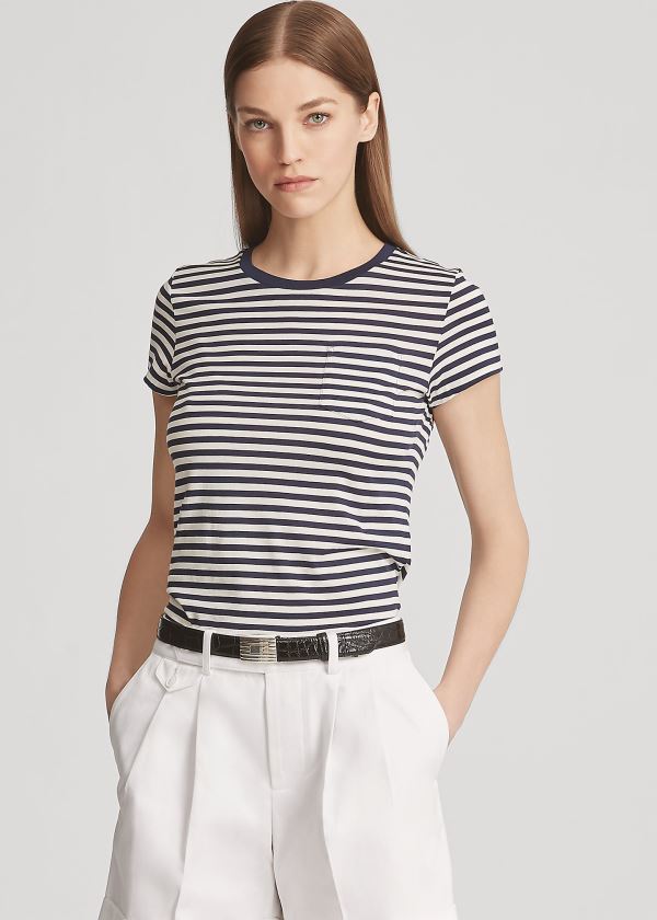 Women's Ralph Lauren Striped Crewneck Pocket T Shirts | 687015BGU